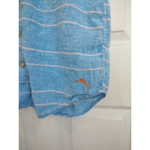 Tommy Bahama Mens Size Medium Shirt Short Sleeve Button Up Linen Blue Stripe - Picture 3 of 7